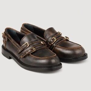 Sandro Brown Distressed Leather Loafers Size 40